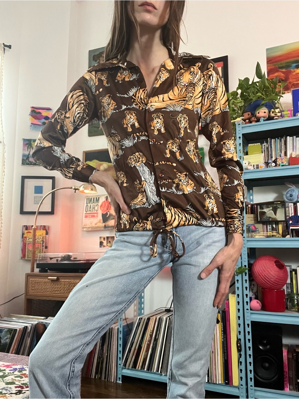 70s Tiger Print Novelty Shirt with Drawstring XS
